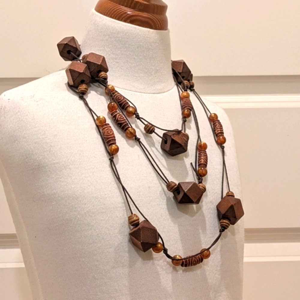 Vintage Boho 68" Super Long Brown and Black Wooden Bead Rope Necklace - Picture 6 of 9
